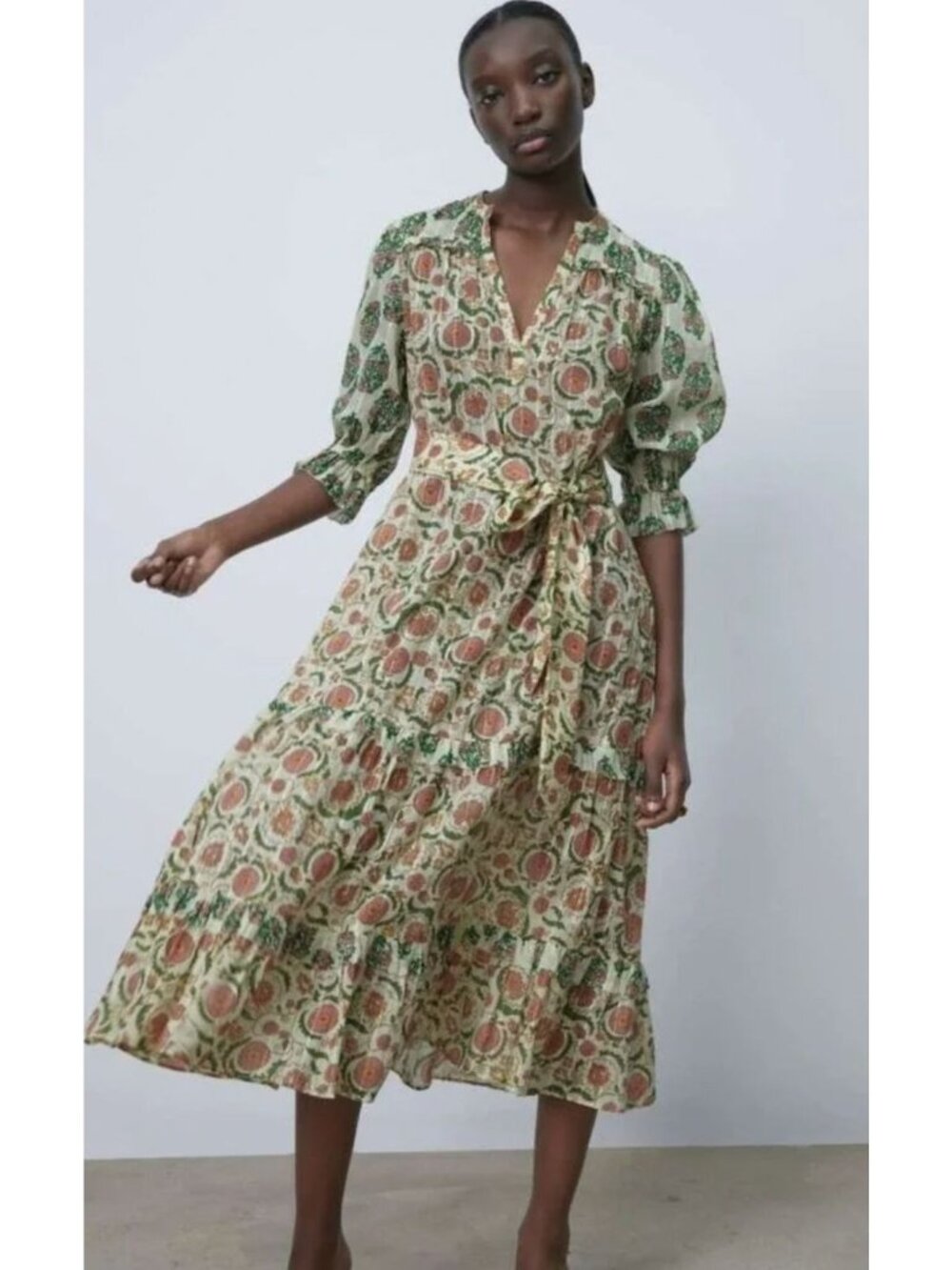 Zara The Dominica Patchwork Floral Midi Dress Size S Ruffle Boho Cottagecore